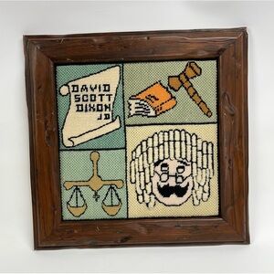 Vintage 70s Framed Crewel Embroidery Picture judge Dixon green brown